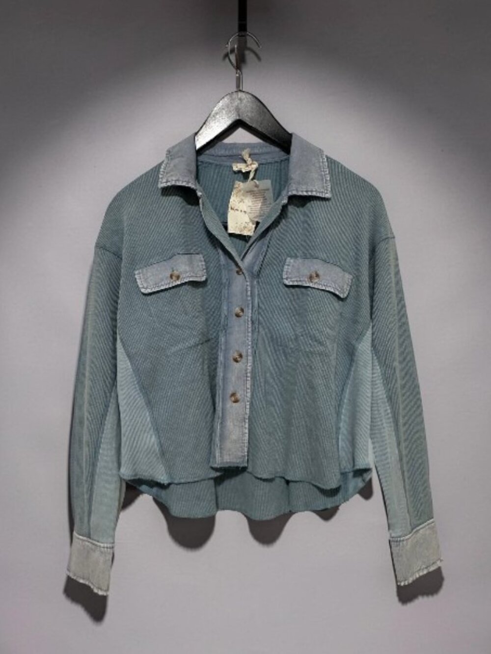 NWT Boutique: Hem & Thread Oversized Waffle & Chambray Button Down Top Soft Blue